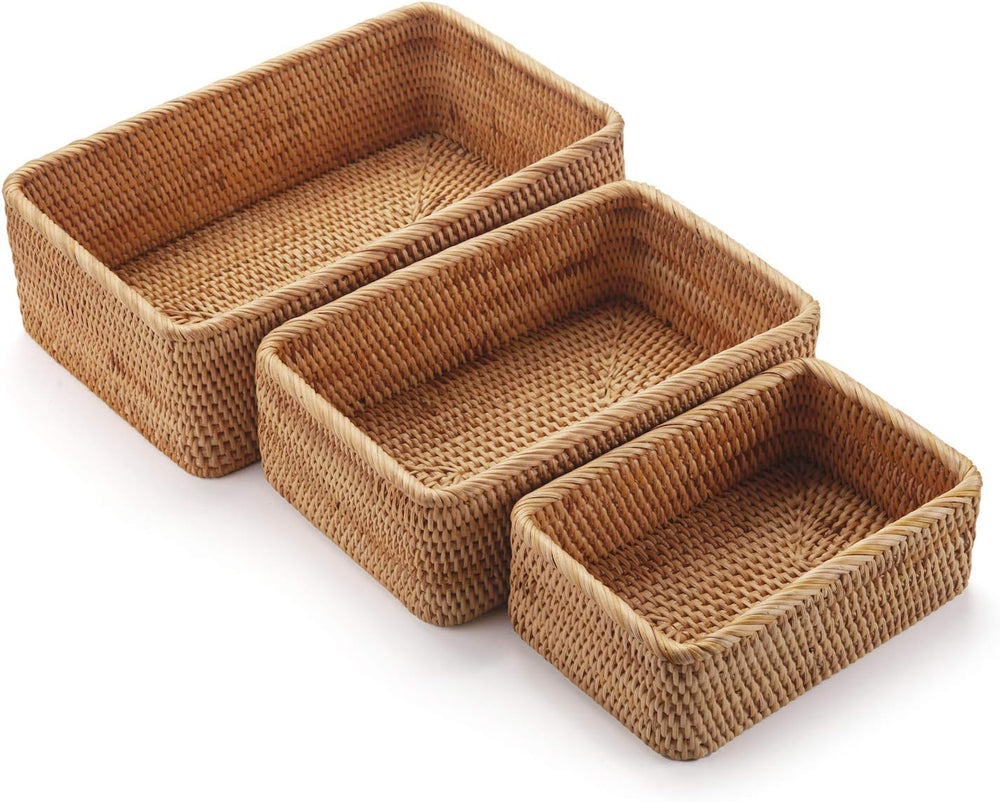 Natural Rattan Fruit Storage Baskets Rectangular Woven Wicker Box for Key Hol...