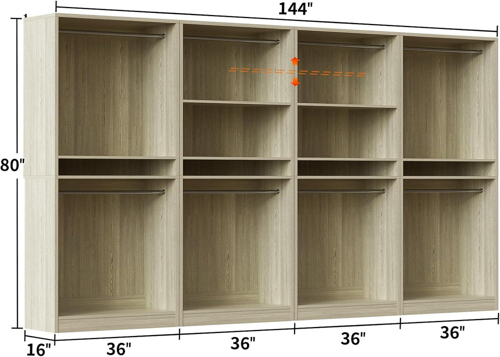 Unikito 12FT Modular Closet System with 8 Hanging Rods, 2800LBs Wood Garment ...