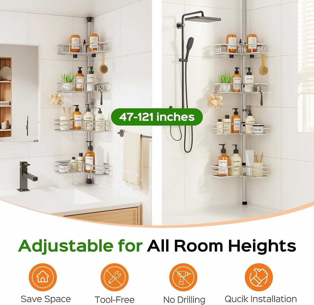 HAMITOR Shower Caddy Tension Pole, 4-Tier No Drill Corner Shower Organizer