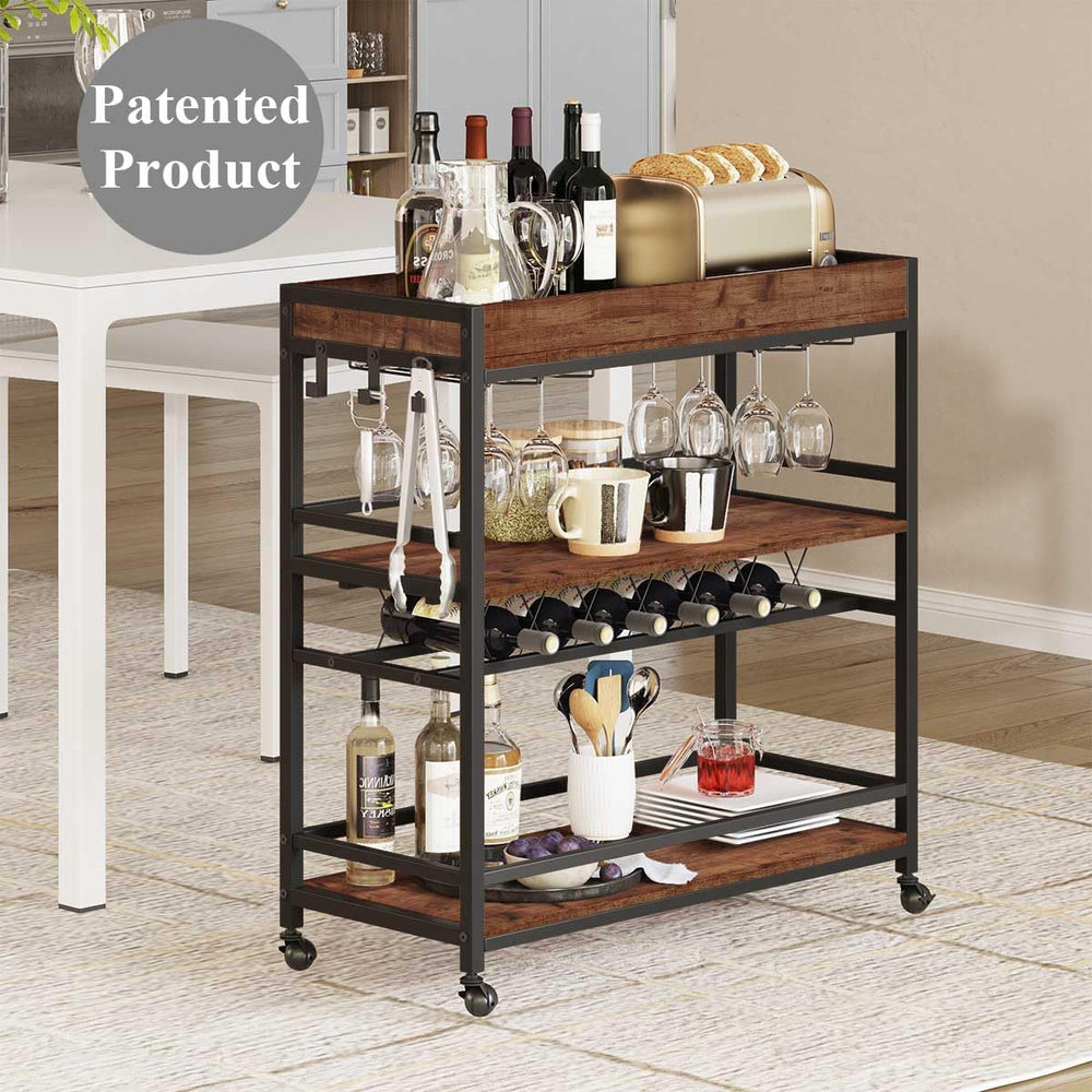 Rolling Bar Cart on Wheels for Home with Wine Rack, Glass Holder