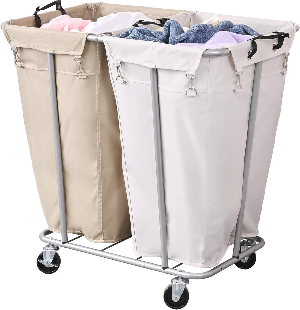 PLKOW 280L 2-Section Rolling Laundry Sorter, Oat and White