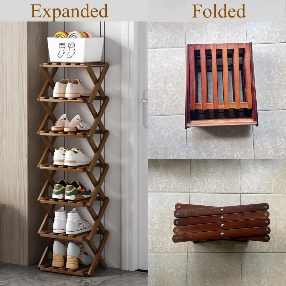 7 Tier Foldable Shoe Rack, Bamboo Vertical Shoe Organizer Tall for Multifunct...