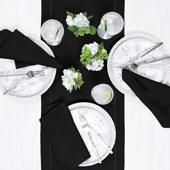 Solino Home Linen Black Table Runner 48 Inches - Classic Hemstitch, 100% Pure...