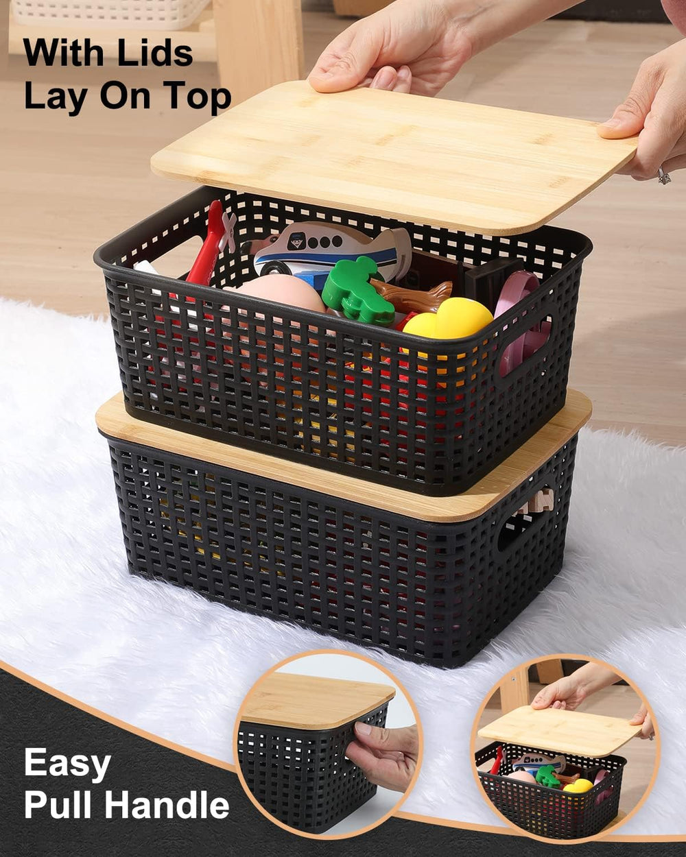 AREYZIN Storage Bins with Bamboo Lids Set of 6 Lidded Storage Container Plast...