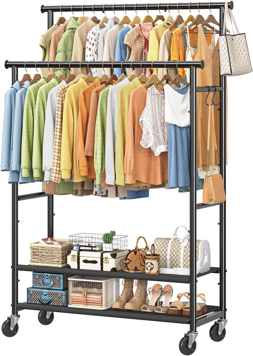 Ekisemio Double Rods Clothes Rack for Hanging Clothes, Rolling Clothing Rack ...