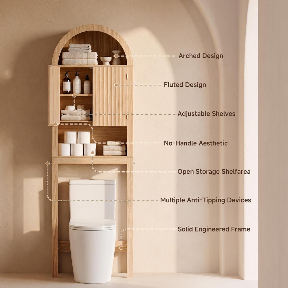 Arched Over The Toilet Storage Cabinet with Fluted Doors, Natural