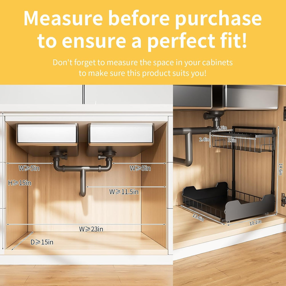 Under Sink Organizer, 2-Tier L-Shaped Pull Out Cabinet Shelf with 2 Installat...