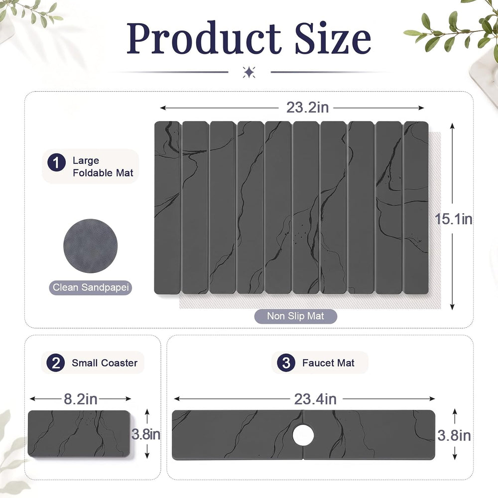 Large Stone Dish Drying Mat Set for Kitchen Counter Dark Gray Marble