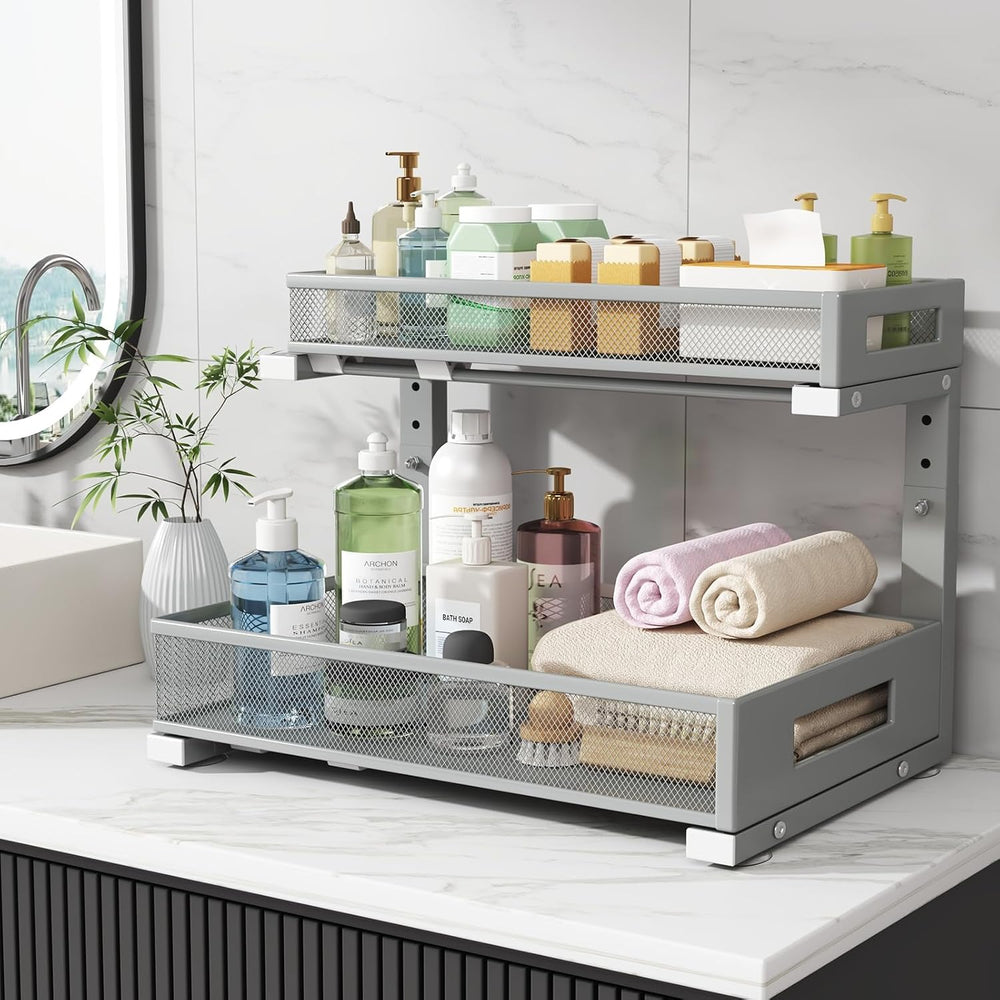 2 Pack 17IN Depth Under Sink Storage Organizer, Large 2-Tier Elegant Mesh Pul...