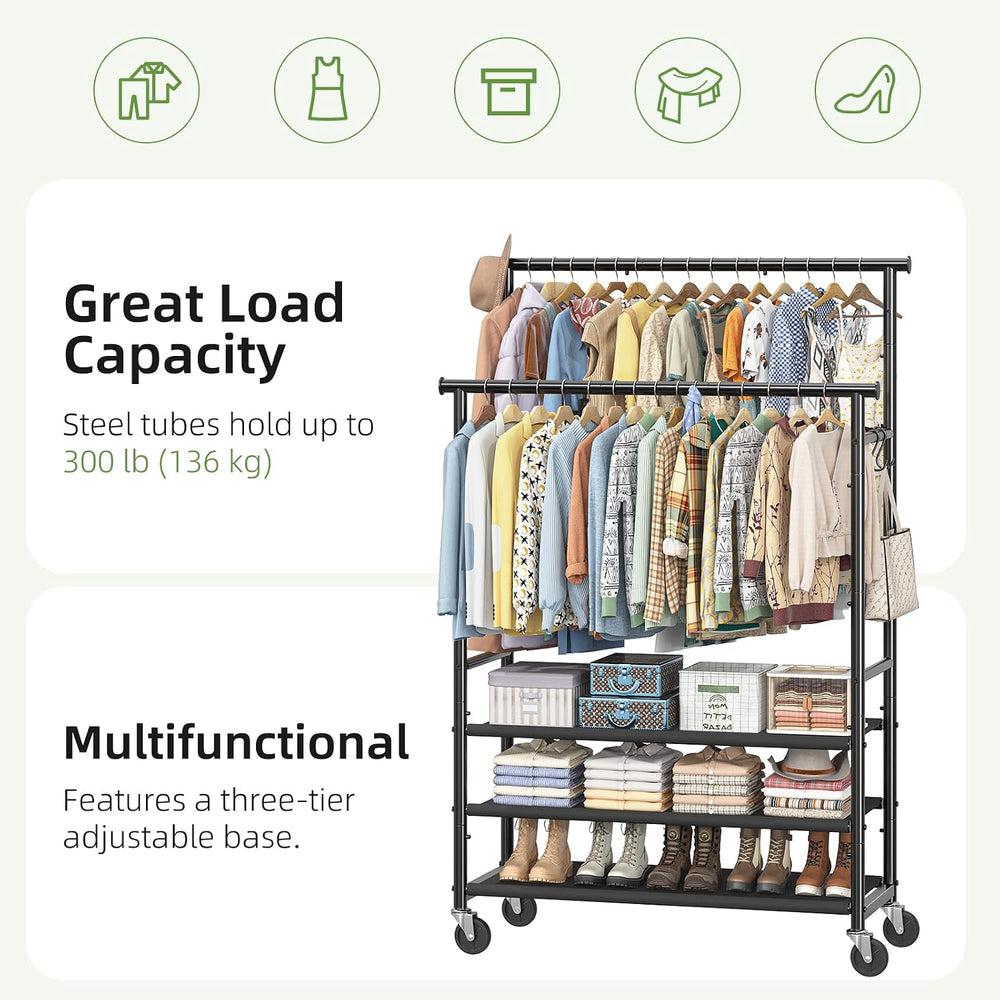 Ekisemio Double Rods Clothes Rack for Hanging Clothes, Rolling Clothing Rack ...
