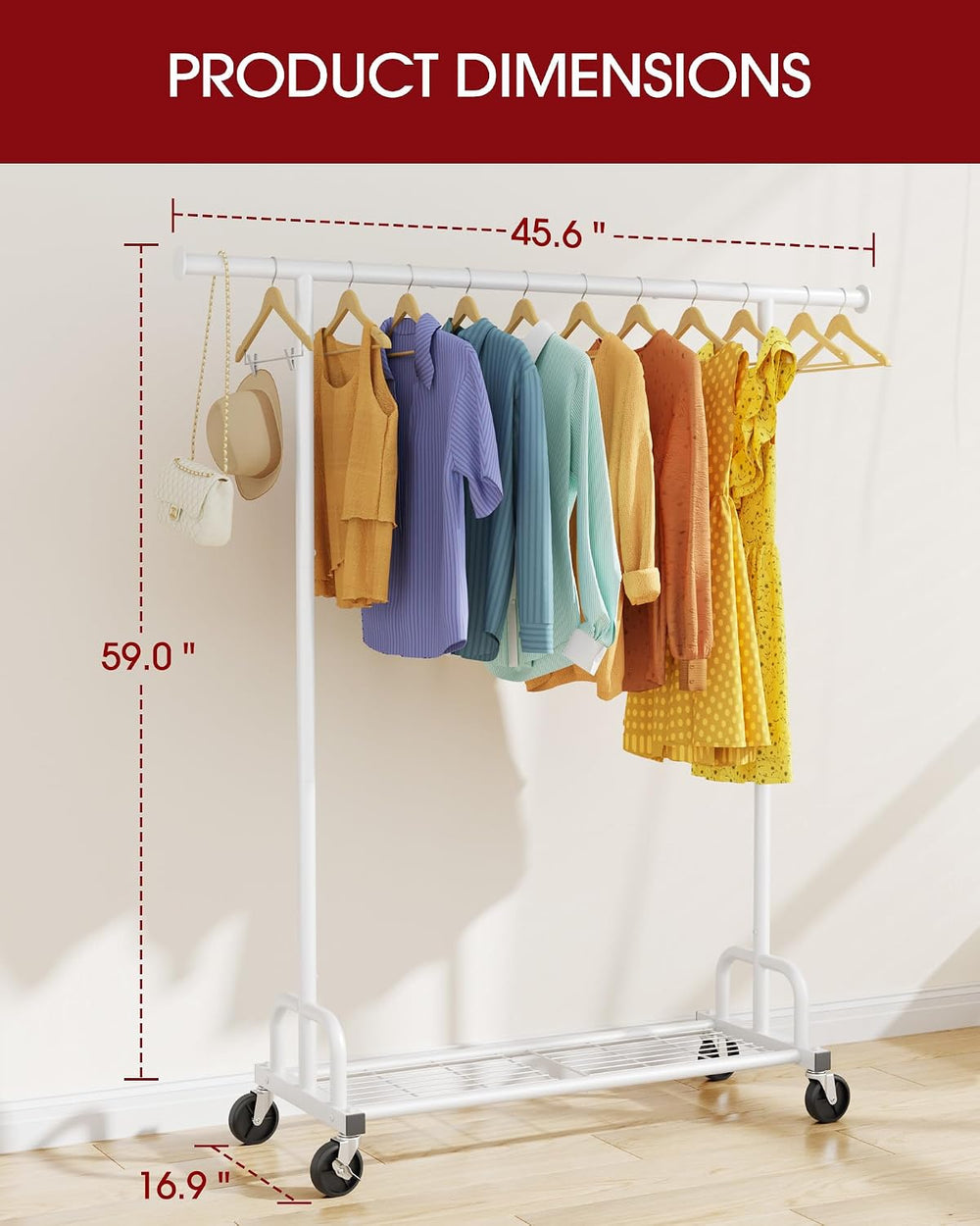 Rolling Clothes Rack with Shoe Shelf, 45.6" x 16.9" x 59", White