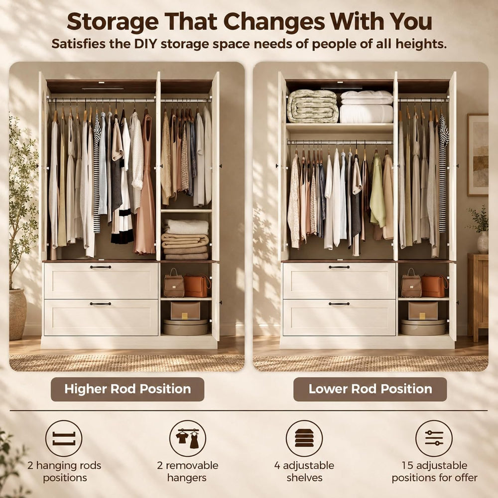 71" H Wardrobe Armoire with Mirror and Sensor Light,Flexible, Antique White