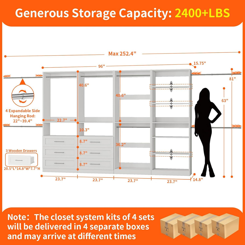 Closet System Set of 4, 8-21FT Closet System with 6 Drawers, 8 Shelves & ...