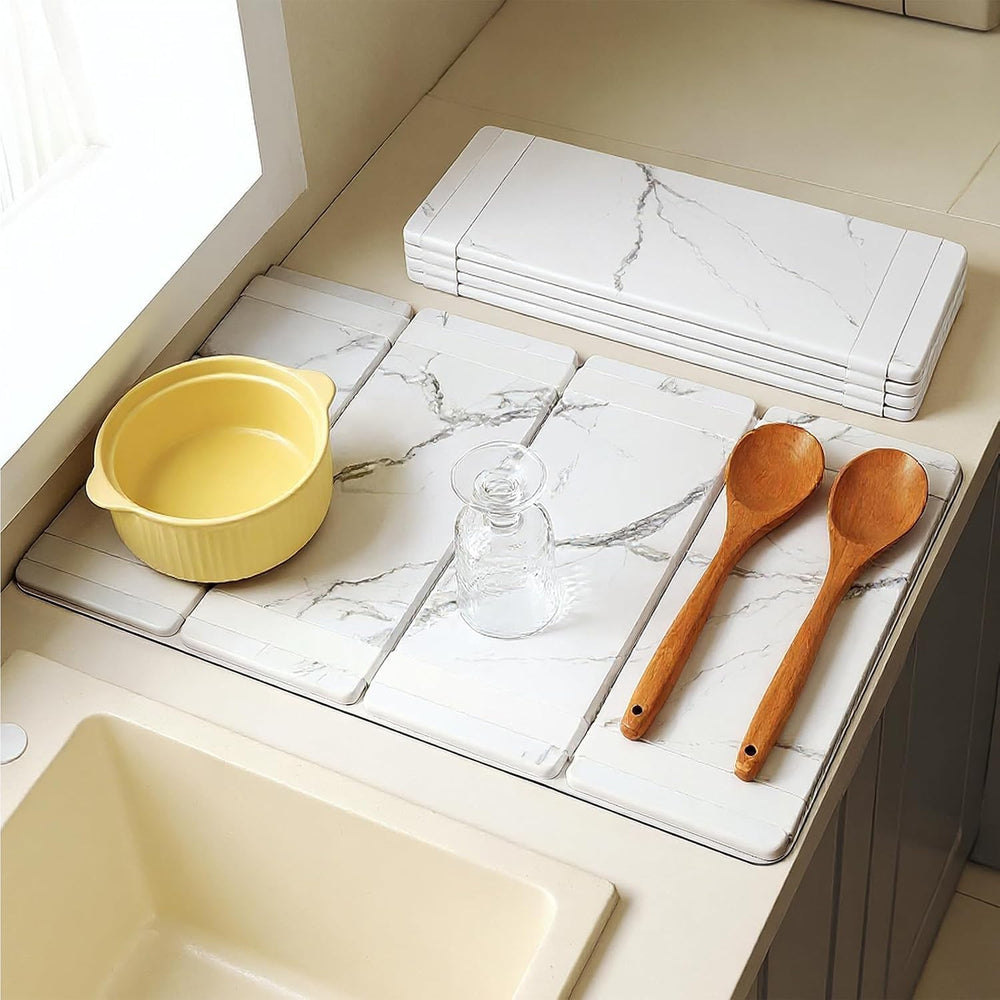 Foldable Stone Dish Drying Mat, 24.5 x 16 in, Ivory White Marble