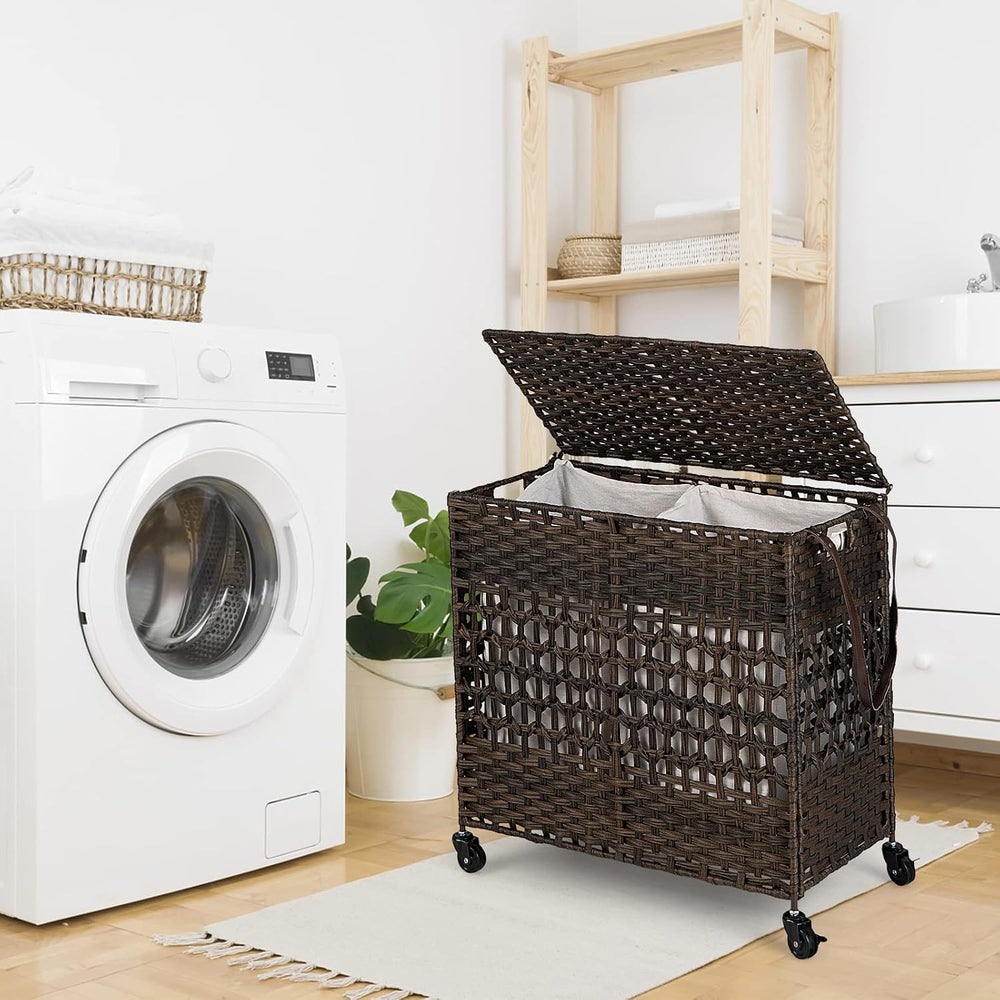 GOFLAME Laundry Hamper with Lid and Wheels, 110L Folding Synthetic Rattan Clo...