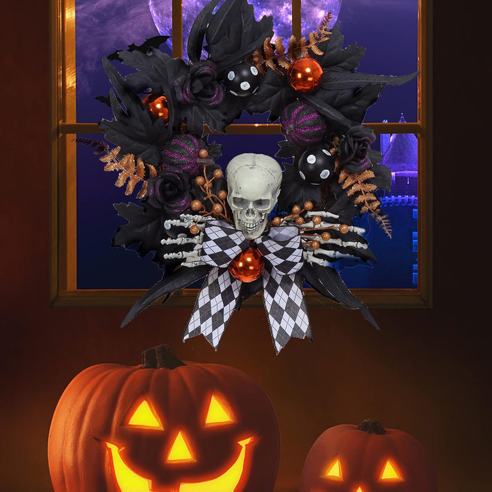 Halloween Wreath for Front Door Halloween Skeleton Decorations, 20 Inch Pumpk...