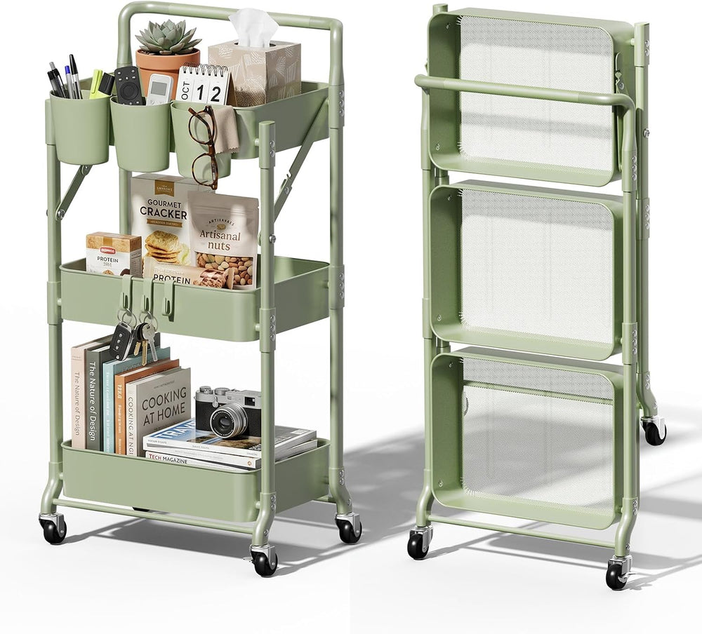 Foldable 3 Tier Rolling Cart, Metal Utility Cart with Wheels