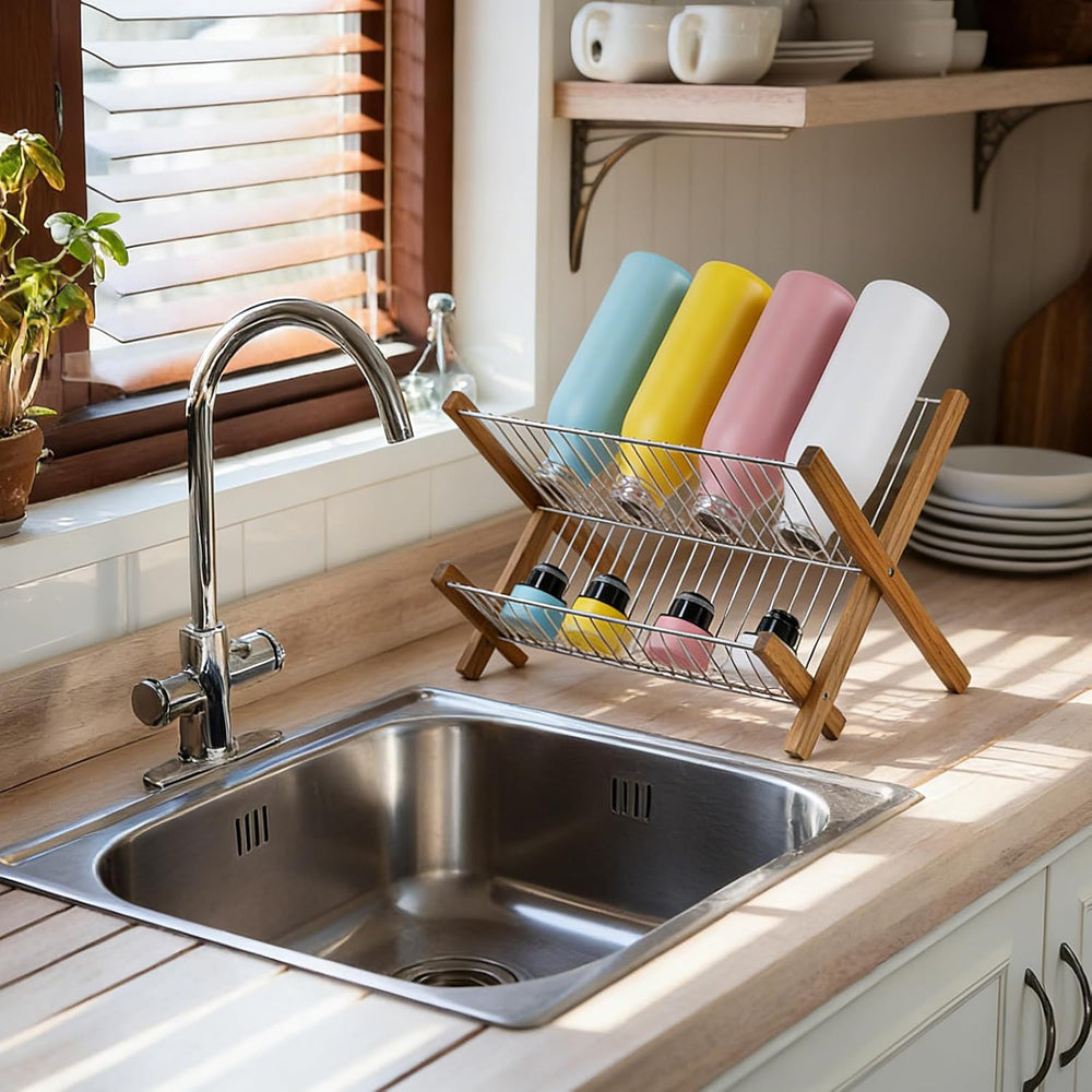 HTB Dish Drying Rack 2 Tier,Stainless Steel & Teak Wood Dish Drying Rack