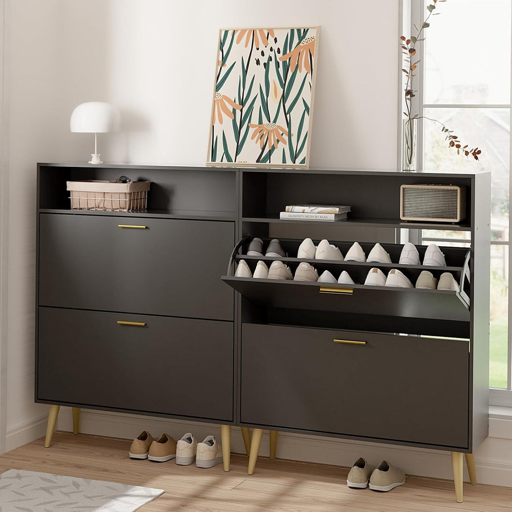LYNSOM Entryway Shoe Cabinet Set of 2 with 2 Flip Drawers and Open Storage, B...