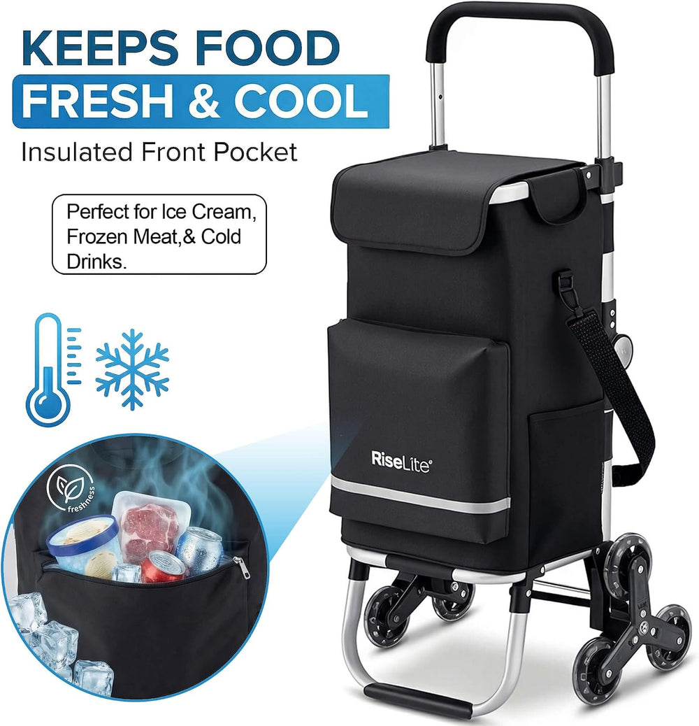 Stair Climbing Cart, Foldable Grocery Cart with 55L Cooler Pocket, 110 Lbs