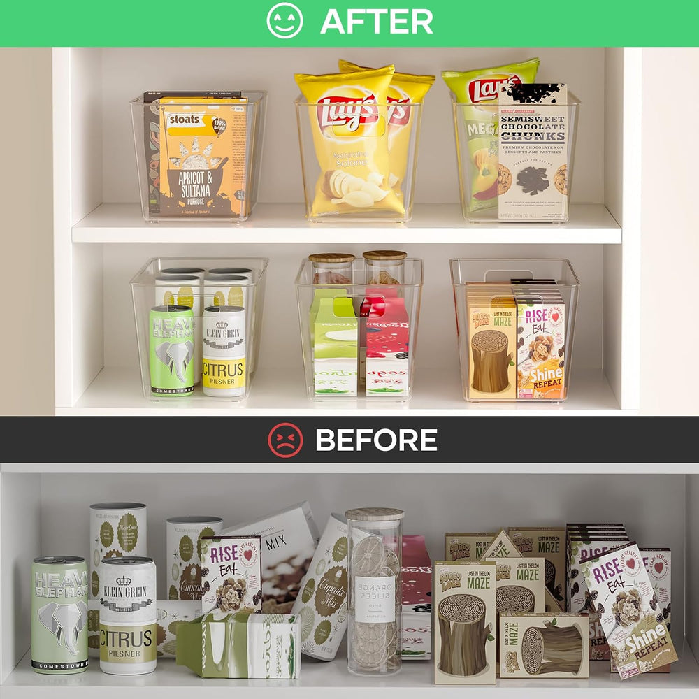 6 Pack Clear Plastic Storage Bins with Handles, 11" Pantry Organizers, B...