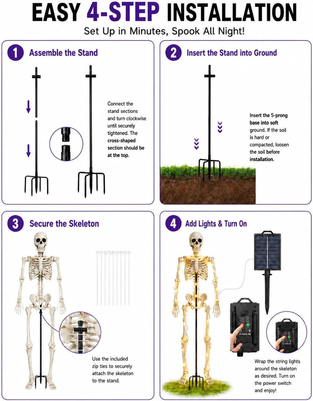 Halloween Skeleton Stand Kit & Solar String Lights,【Skeleton Not Included】