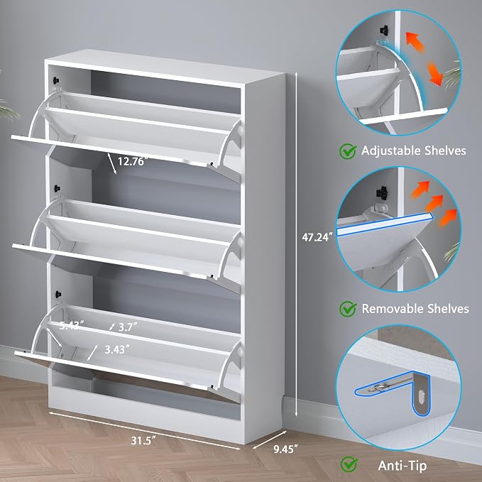Shoe Cabinet with 3-Flip Mirror Drawers, Freestanding Shoe Rack Organizer with
