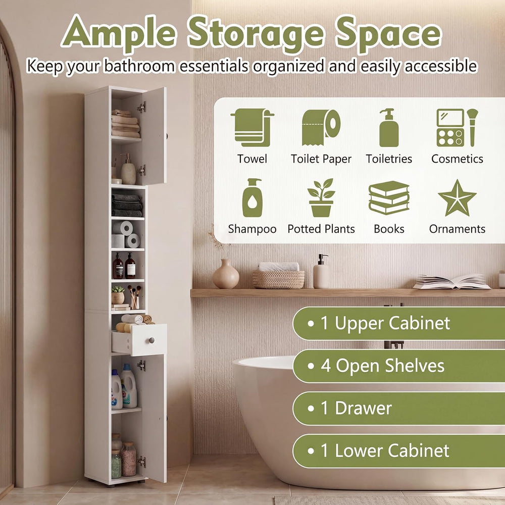 COSTWAY 71" Tall Slim Bathroom Storage Cabinet, 1 Drawer, 2 Doors, White