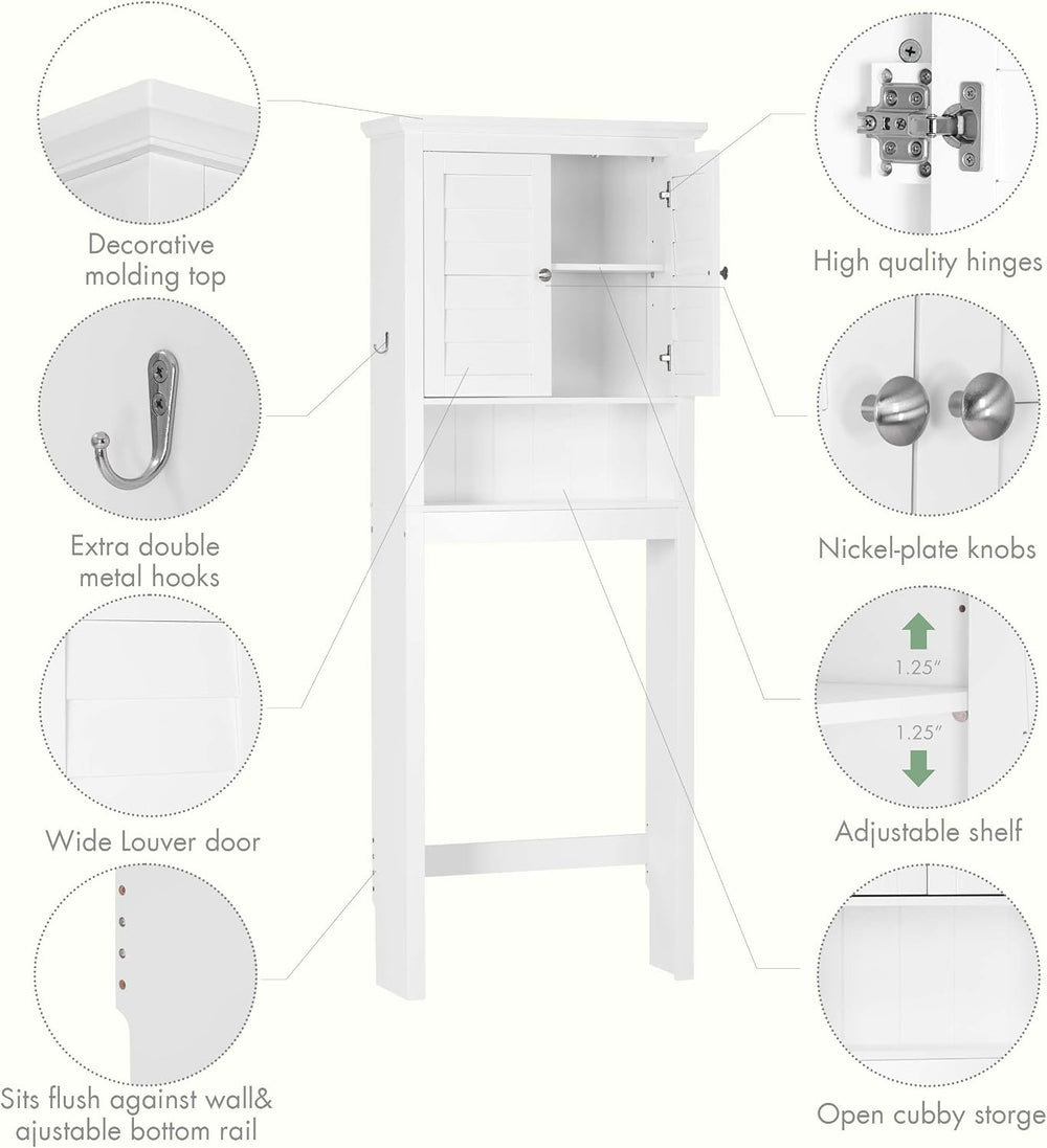 Spirich Over The Toilet Storage Cabinet with Louvered Doors & Hooks, White