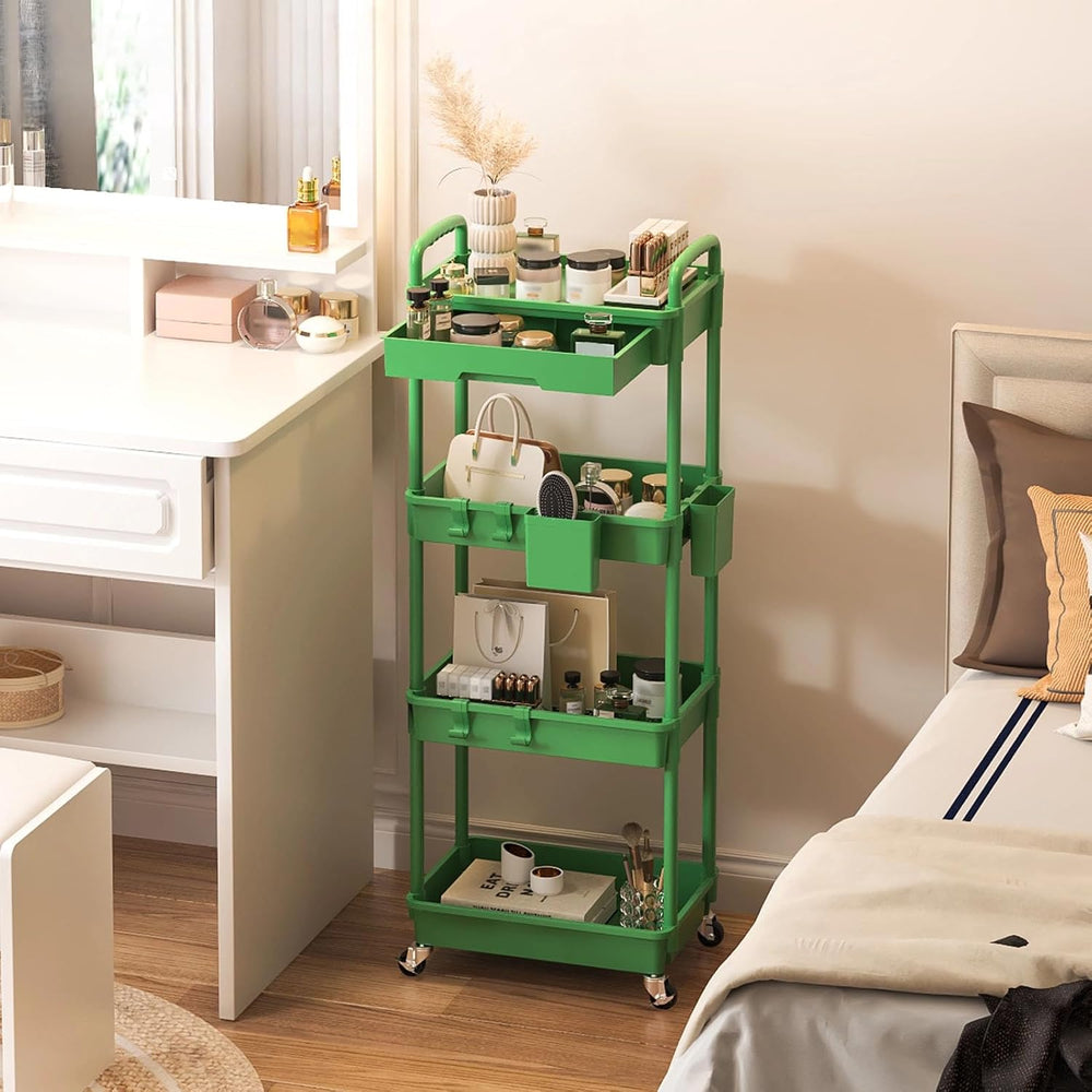 4 Tier Rolling Utility Cart with Drawer, Plastic Storage Organizer Rolling Ca...