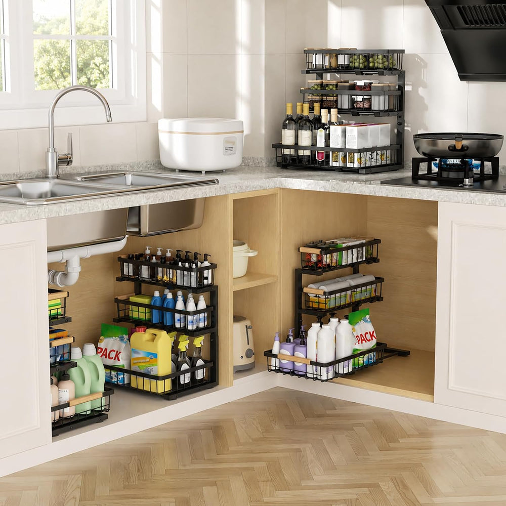 Three-Tier Under Sink Organizer Kitchen Bathroom, Grid, 2 Pack