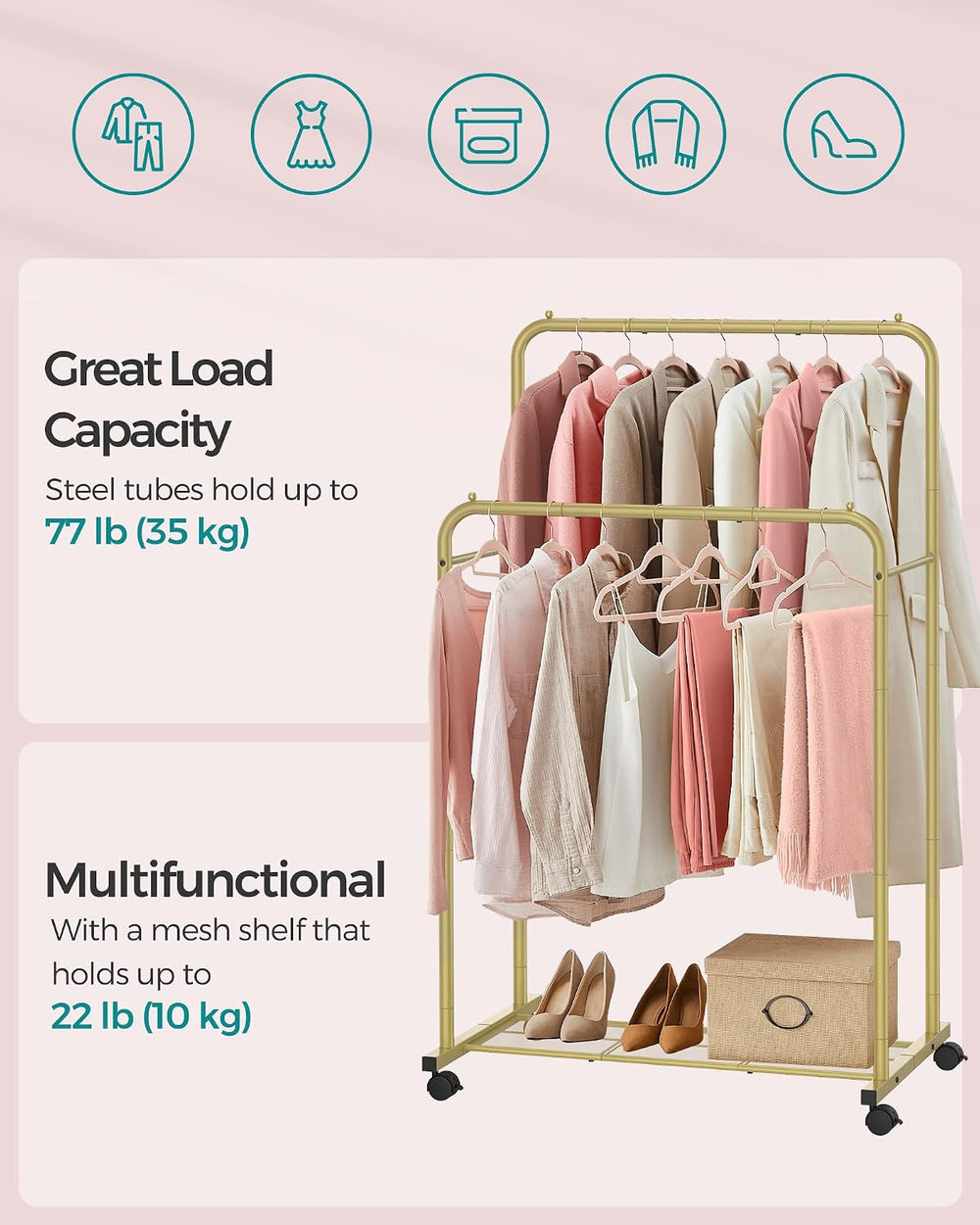 SONGMICS Double Rods Clothes Rack with Wheels, Clothing Rack for Hanging Clot...
