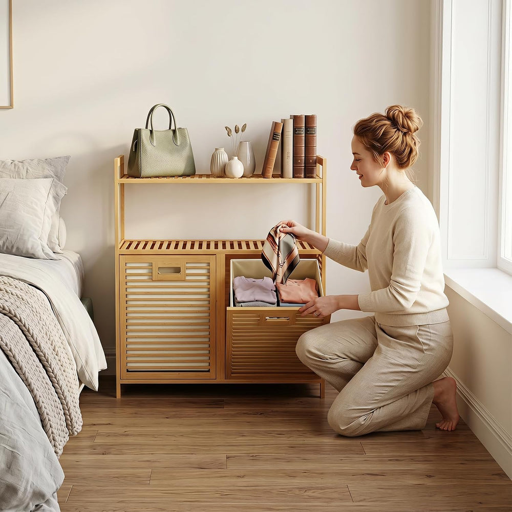 GOFLAME Bamboo Double Tilt Out Laundry Hamper Cabinet with Shelves