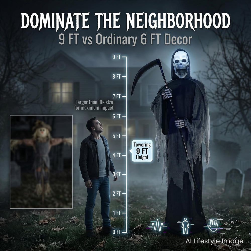 9FT Animated Grim Reaper Halloween Decoration - Sound Activated Halloween Ani...
