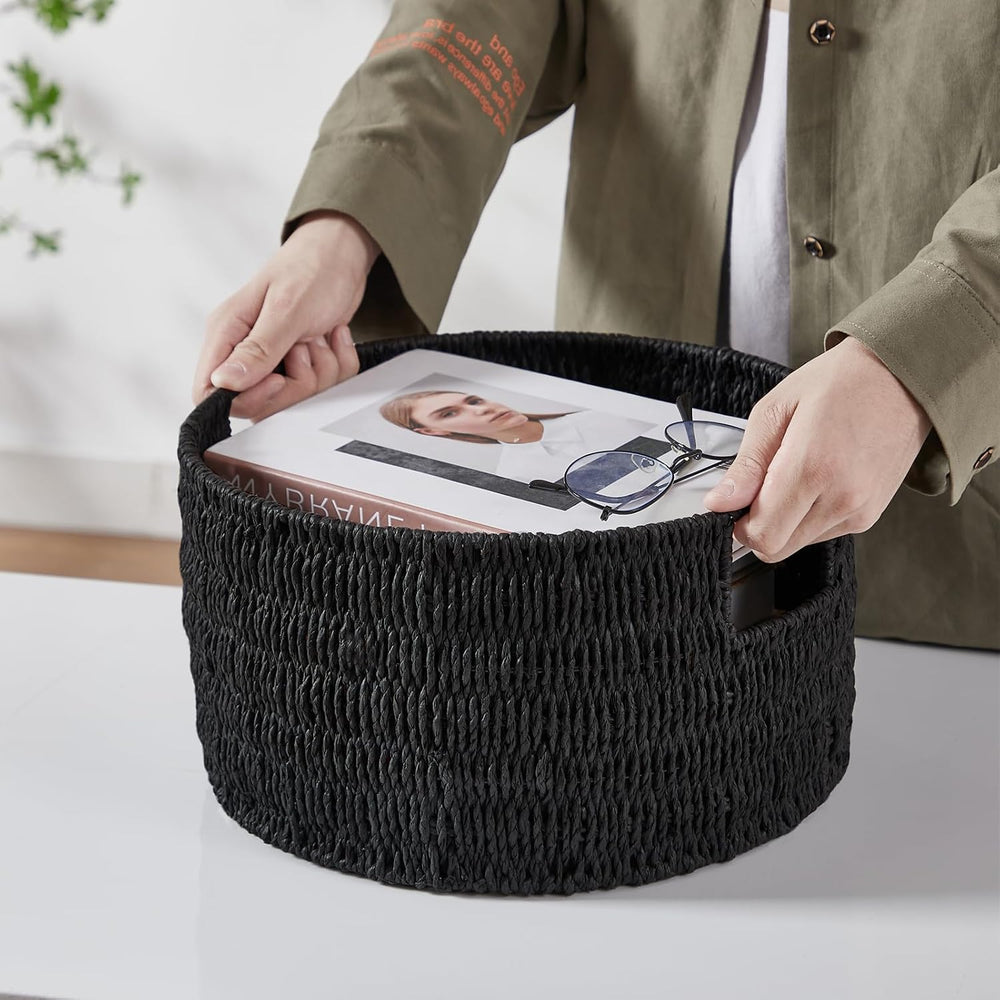 Wicker Storage Basket, Hand-Woven Paper Rope Large Round Woven Basket With Ha...