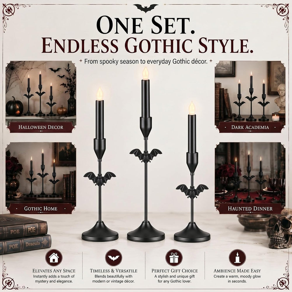 Ceenna 6 Pcs Halloween Bat Candle Holders, 3 Size Black Taper Candle Holder