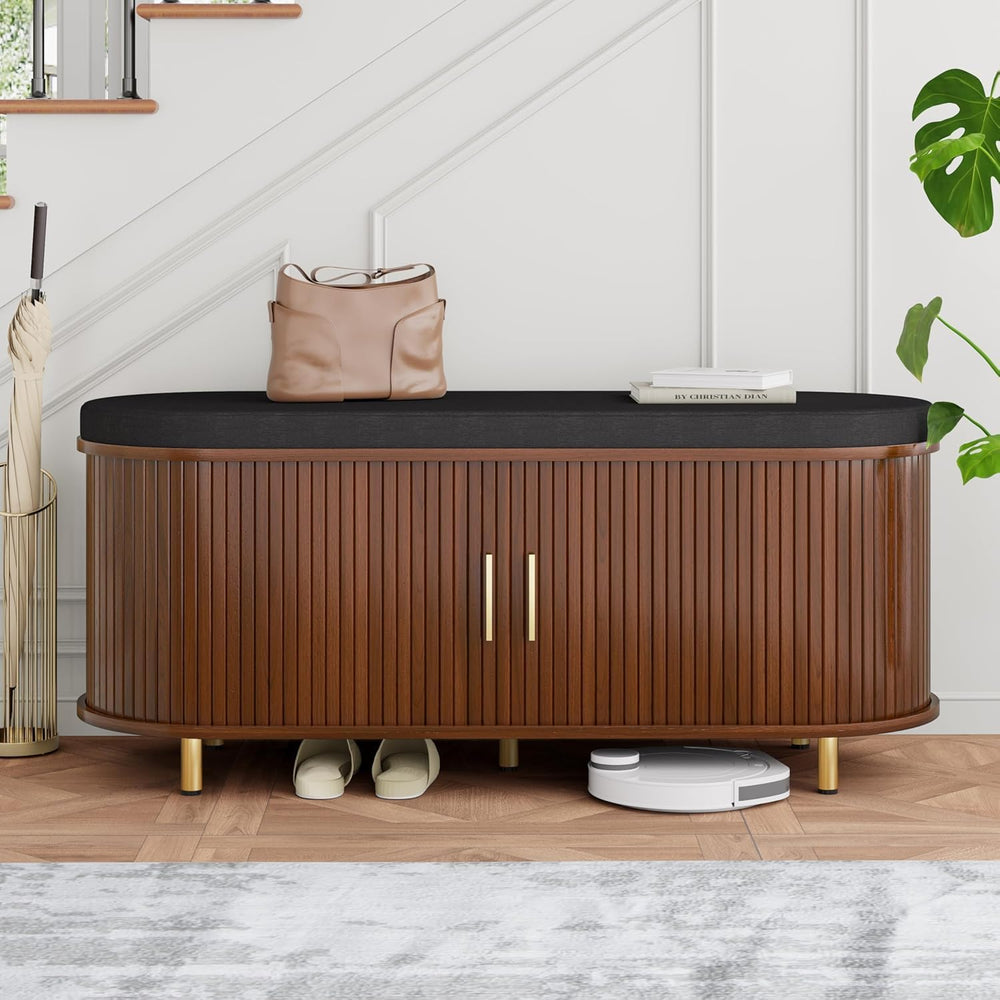 Entryway Bench with Storage: 43.31" Wooden Bedroom Shoe Bench with Thick...