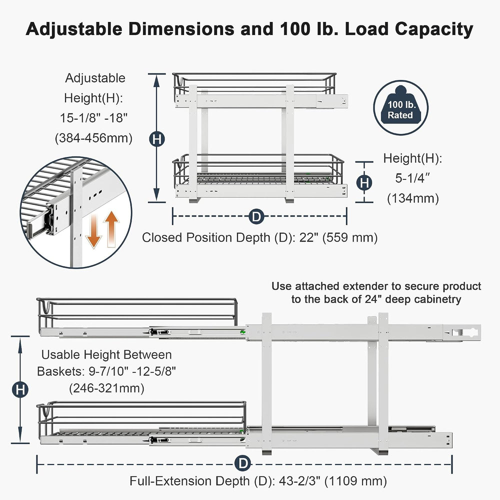 2 Tier Pull Out Cabinet Organizer - 11" W x 22" D Soft Close Slide ...