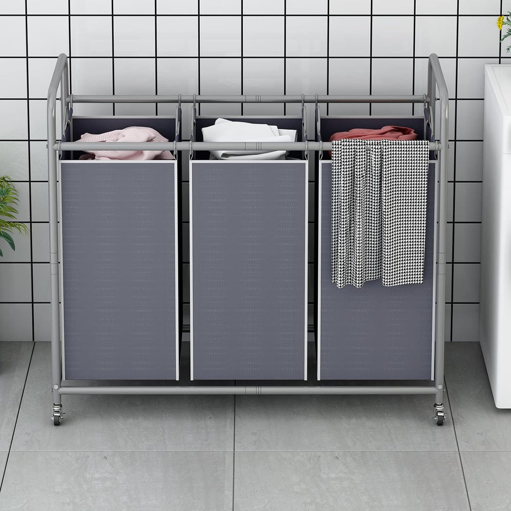 LINZINAR 3 Section Laundry Hamper Sorter, Grey Laundry Basket with Wheels