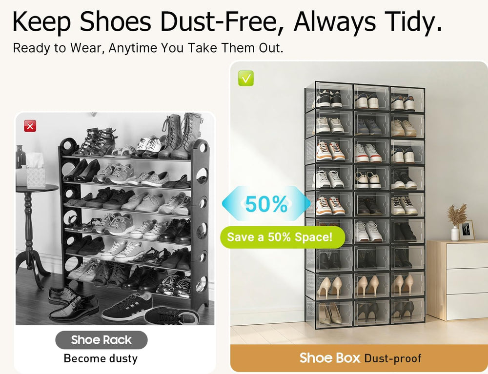 Kuject XX-Large Shoe Storage Boxes 12 Pack, Clear Stackable Shoe Organizer