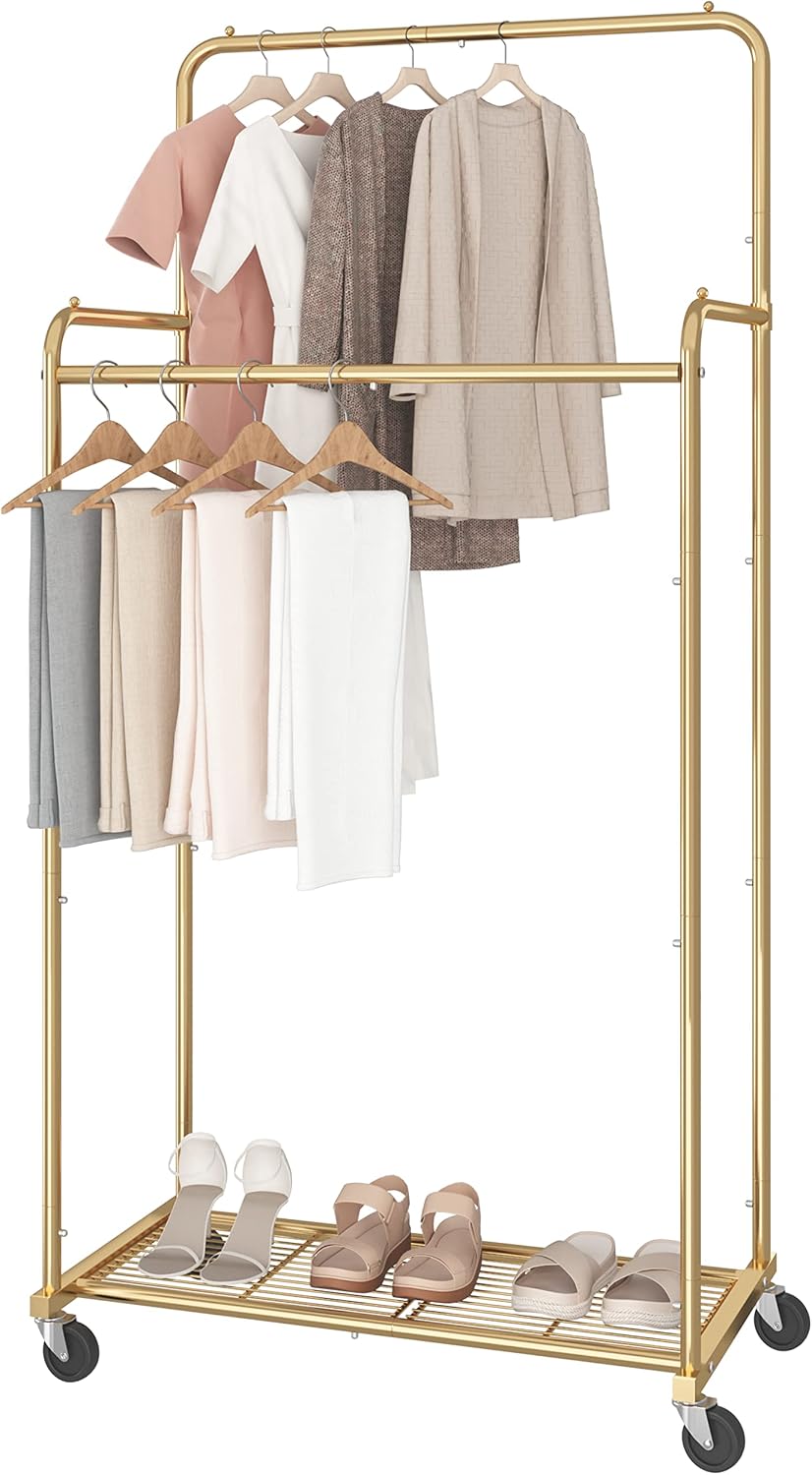 Simple Trending Clothes Garment Rack, Double Rods Clothing Rack, Gold