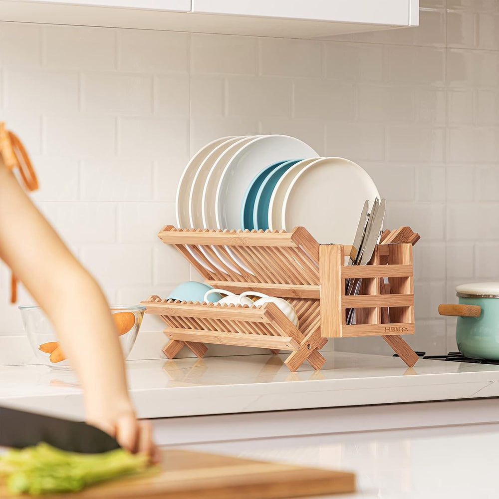 HBlife Dish Rack, Bamboo Folding 2-Tier Collapsible Drainer Dish Drying Rack ...