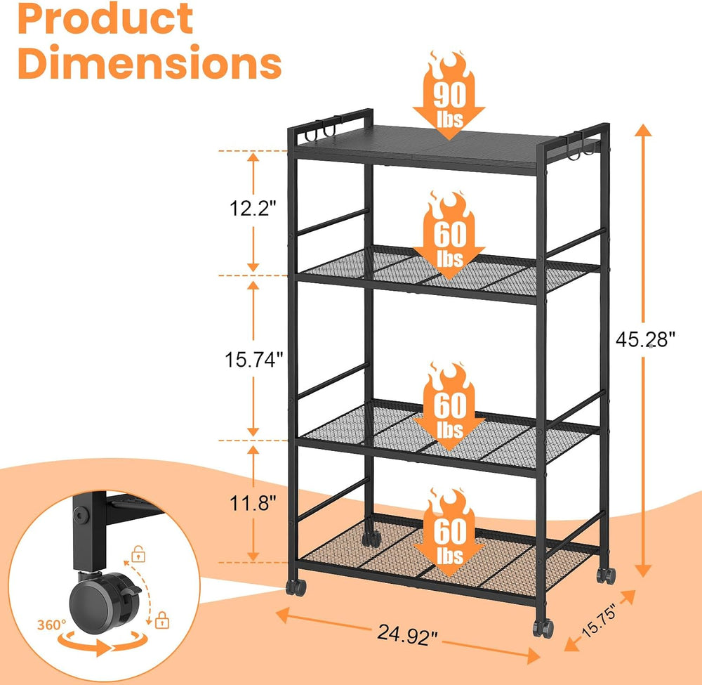4-Tier Rolling Microwave Cart, Kitchen Storage Cart with Wooden Tabletop