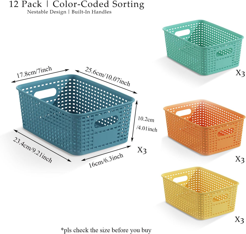 Colorful Plastic Storage Baskets for Organizing, 12 Pack