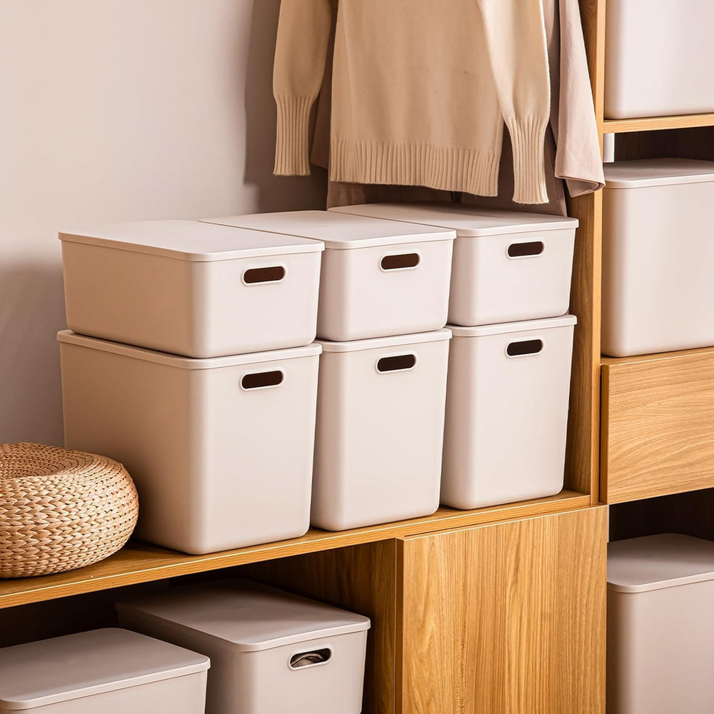 6 Piece Plastic Storage Baskets Boxes with Lids, 11.8x8x4.7 Inch Stackable Or...