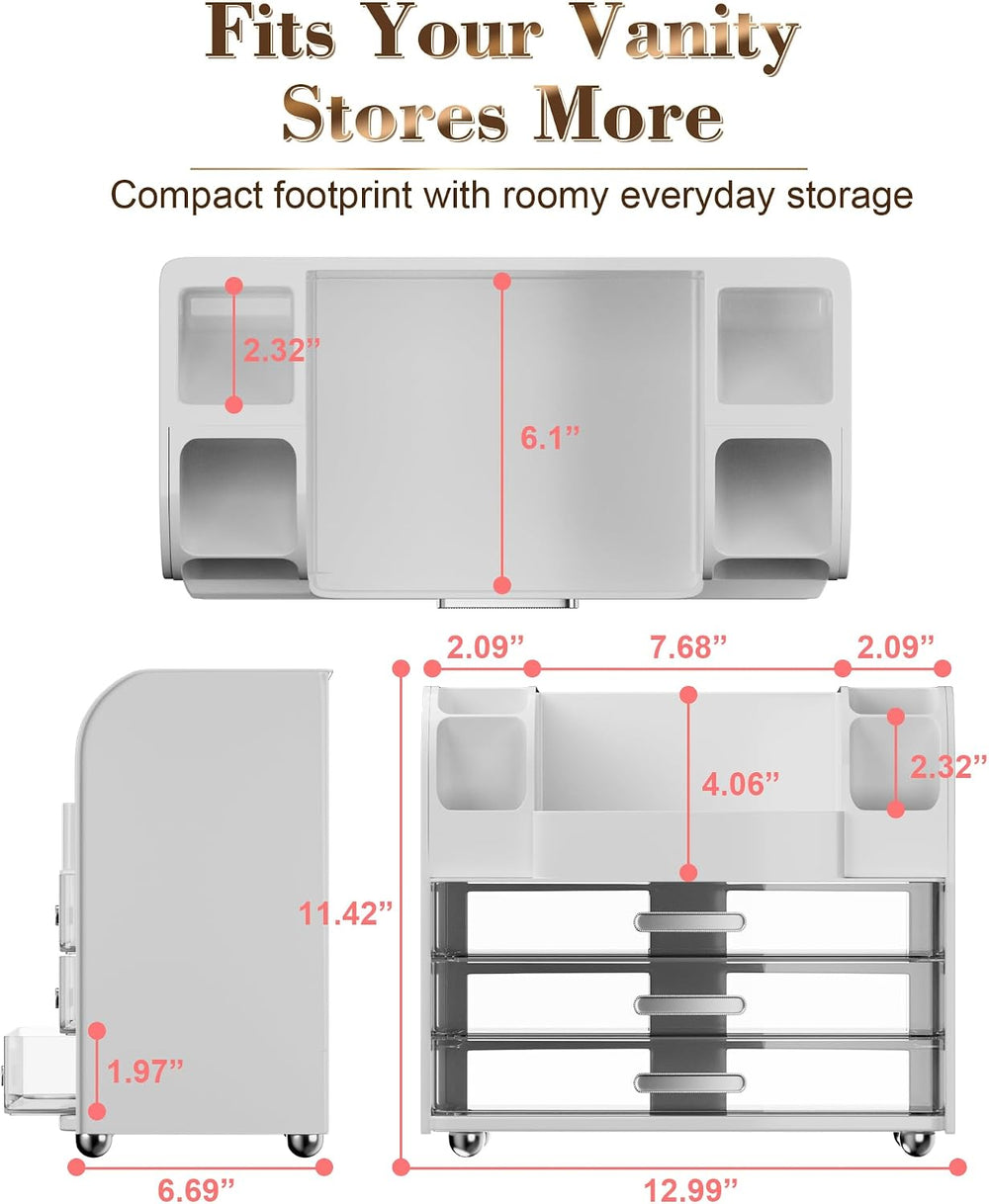 Hanyi Makeup Organizer for Vanity, 3 Clear Drawers, 6 Brush Holders, White