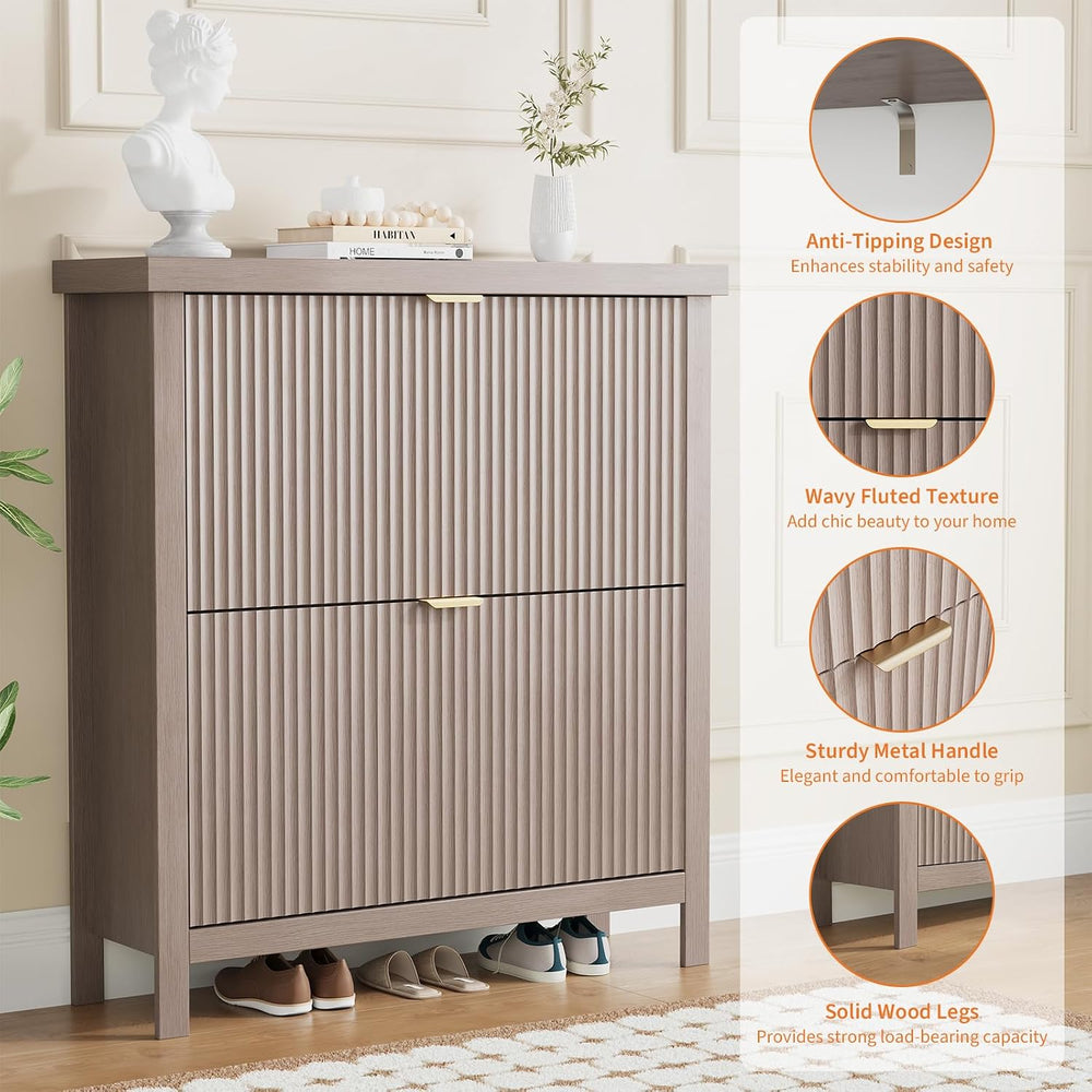 Fluted Shoe Cabinet with 2 Flip Drawers, Slim Entryway Storage