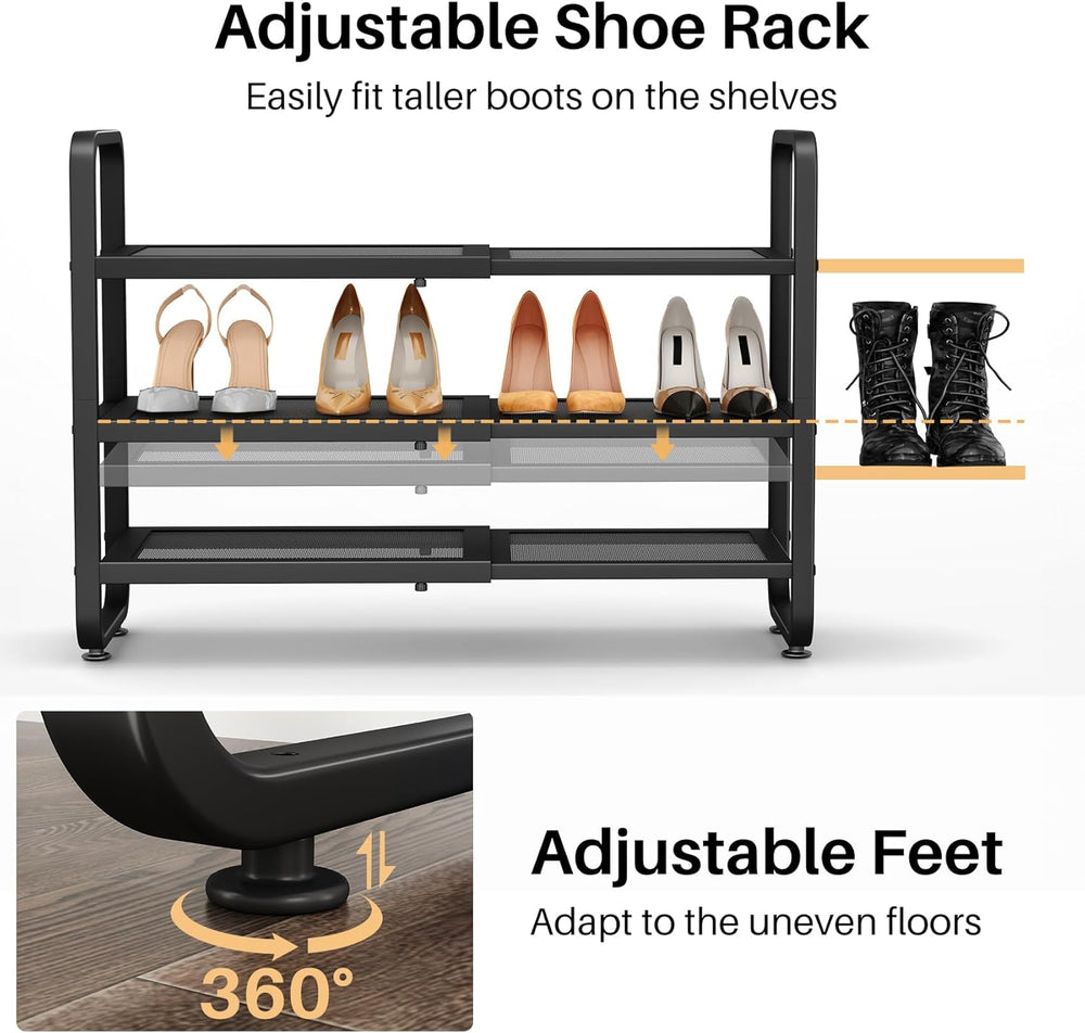 Expandable Metal Shoe Rack for Closet, Entryway & Garage, 3-Tier, Black