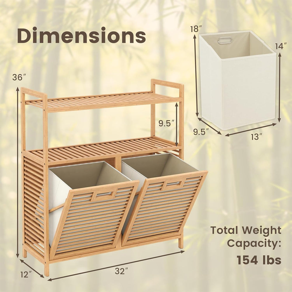 GOFLAME Bamboo Double Tilt Out Laundry Hamper Cabinet with Shelves