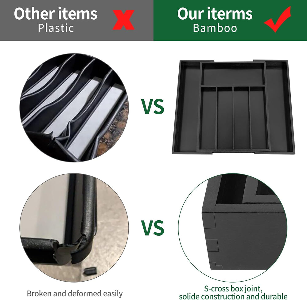 Utoplike Bamboo Silverware Drawer Organizer, Black Kitchen Utensils Tray